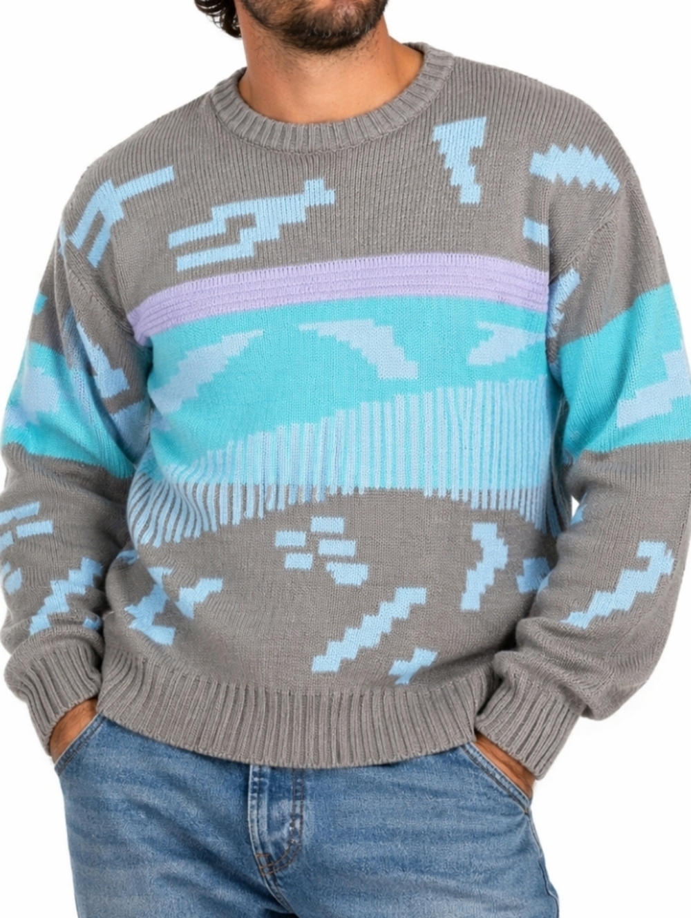 Vintage 80s Saturdays Pastel Knit Abstract Geometric Graphic Crew Neck Sweater